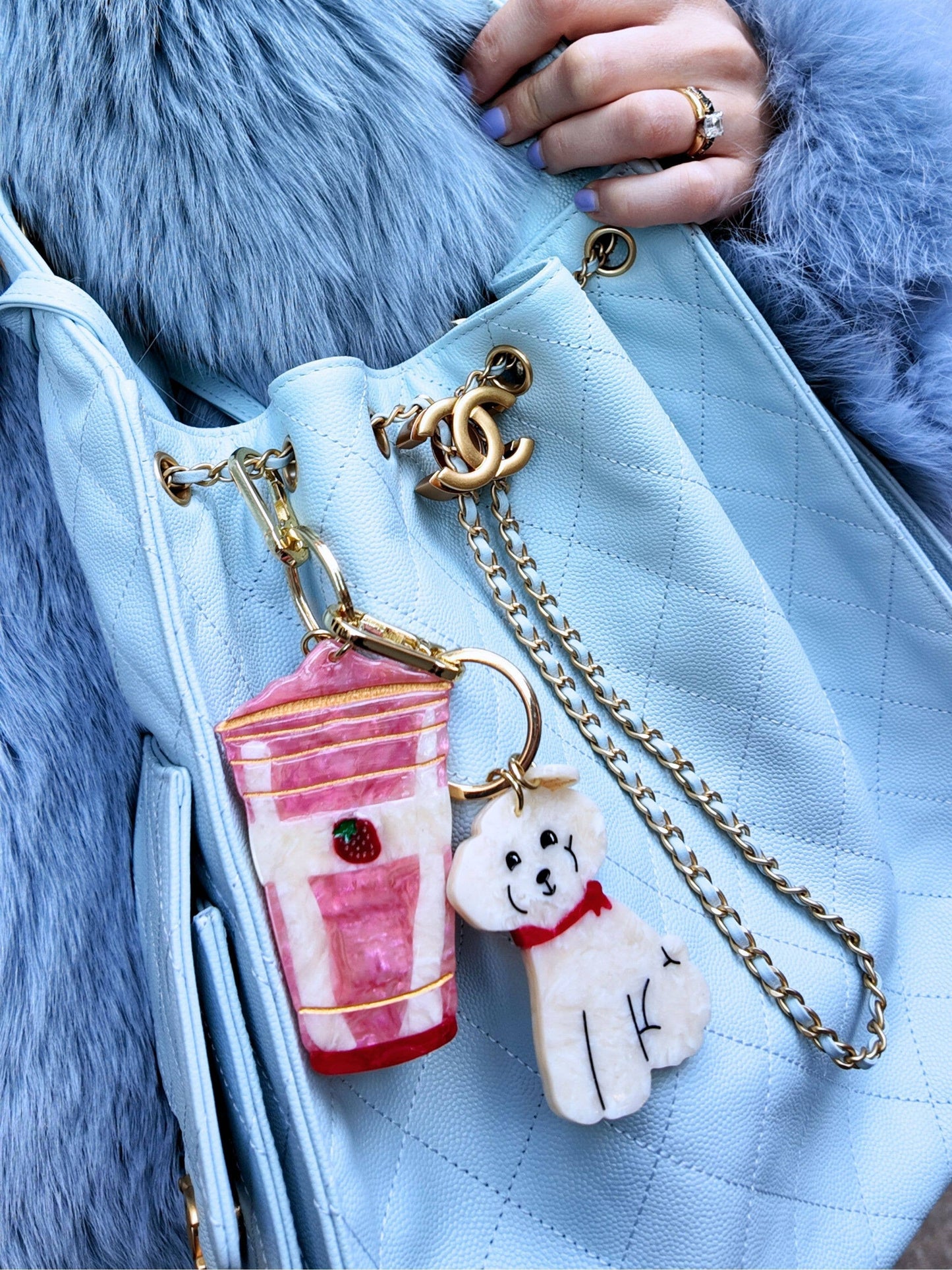 Hand-painted Doodle Puppy Bag Charm + Keychain: White