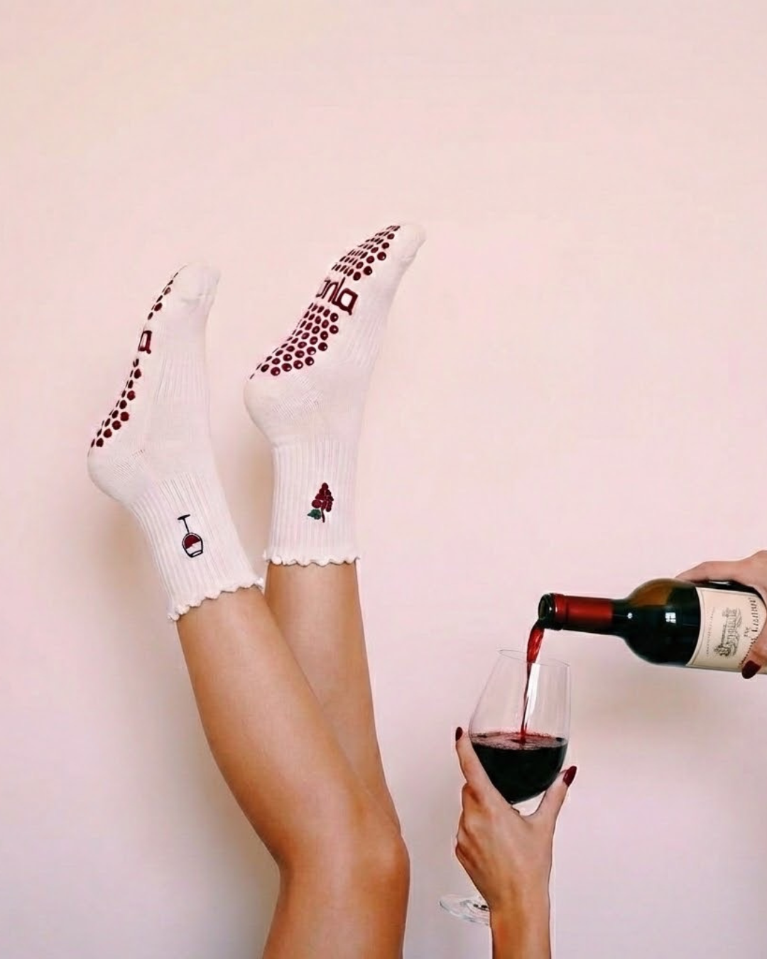 Red Wine & Grape Double Embroidery Pilates Ruffle Grip Socks