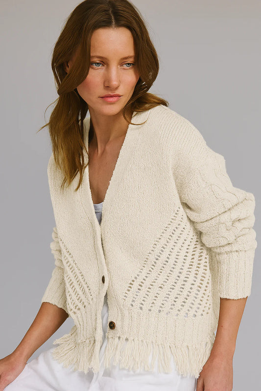 Fringe Mixed Stitch Open Cardigan