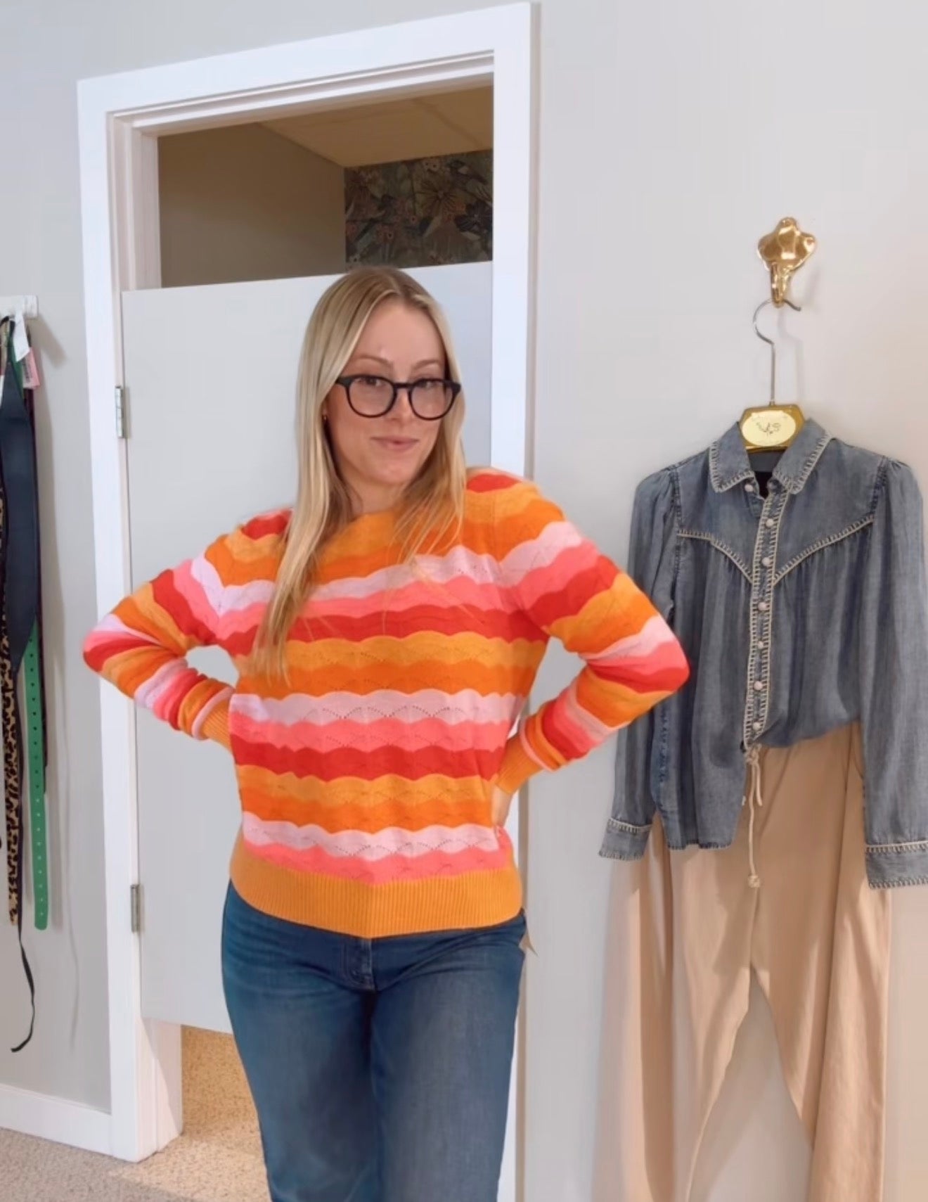 Tonal Wavy/Pointelle Stripe Crew