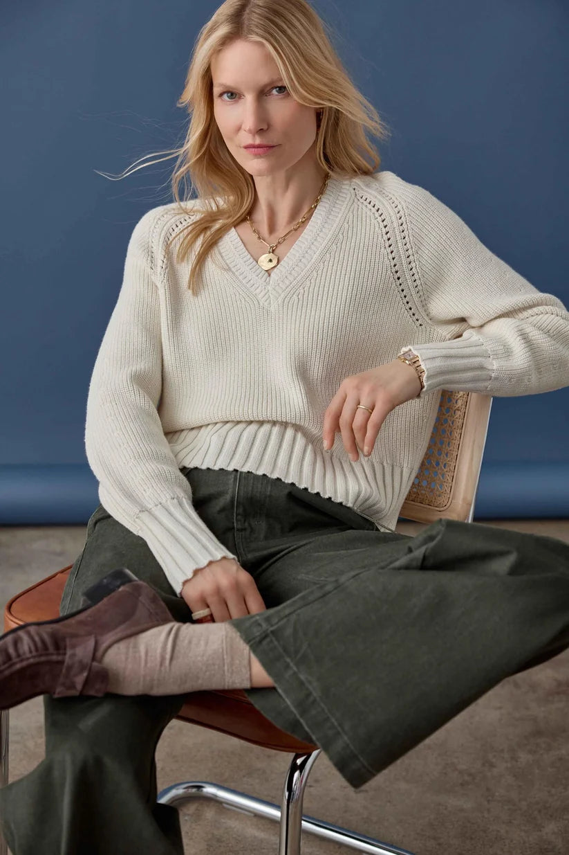 Textured V-Neck Saddle Sweater