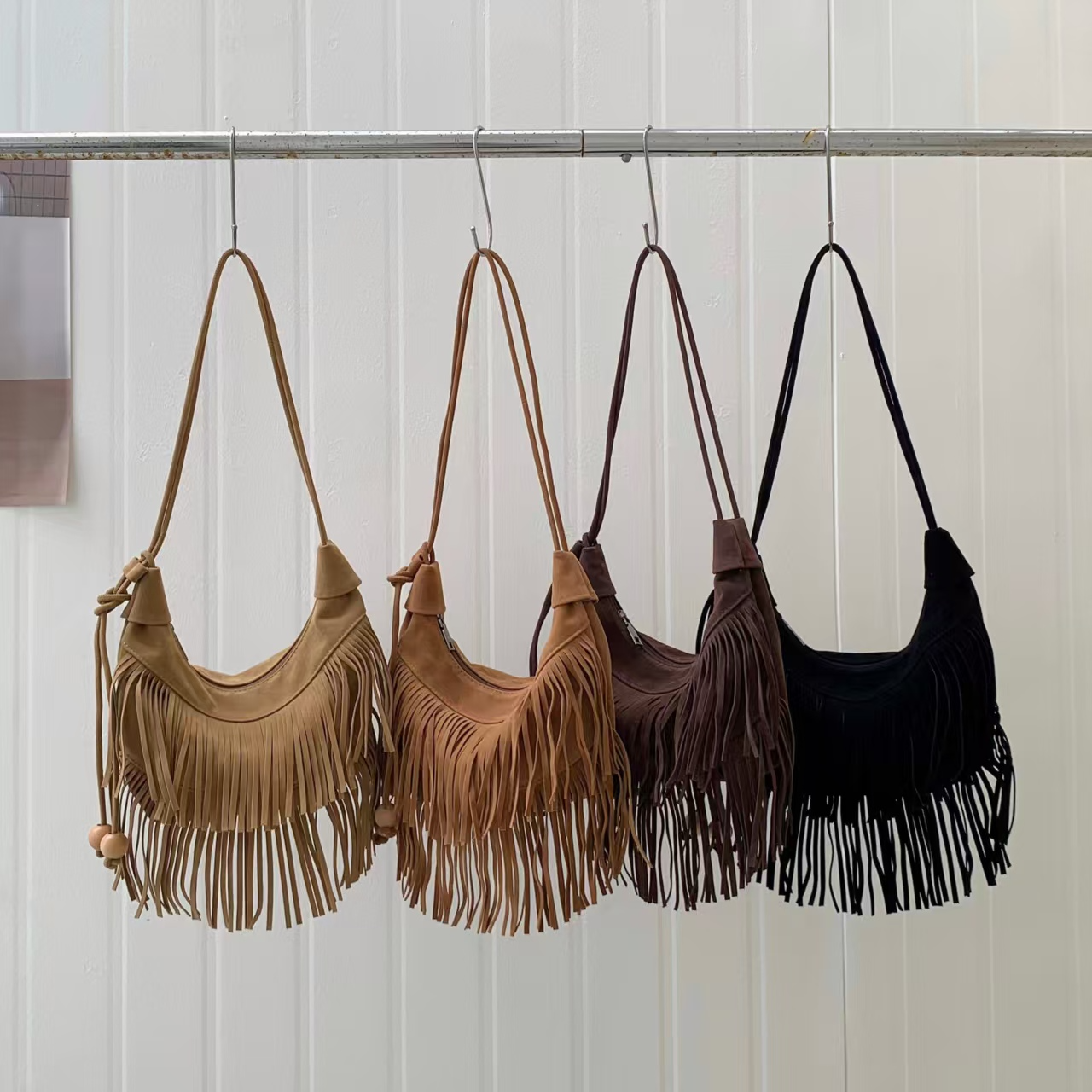 P25080 Suede-Like Microfiber Leather Shoulder Bag w/Tassel: 03 Brown