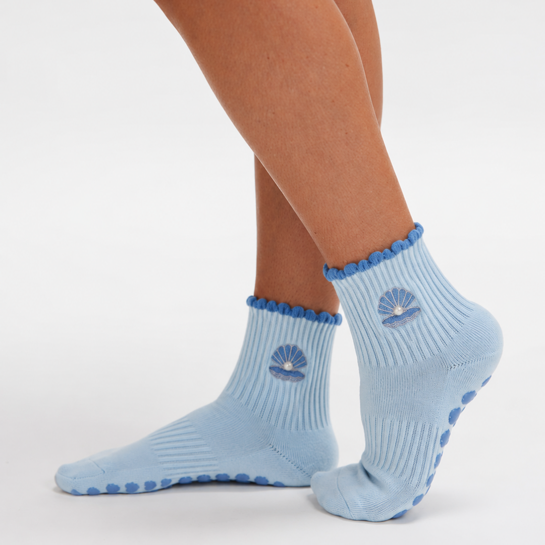 Oyster Pearl Blue Embroidered Summer Pilates Grip Socks