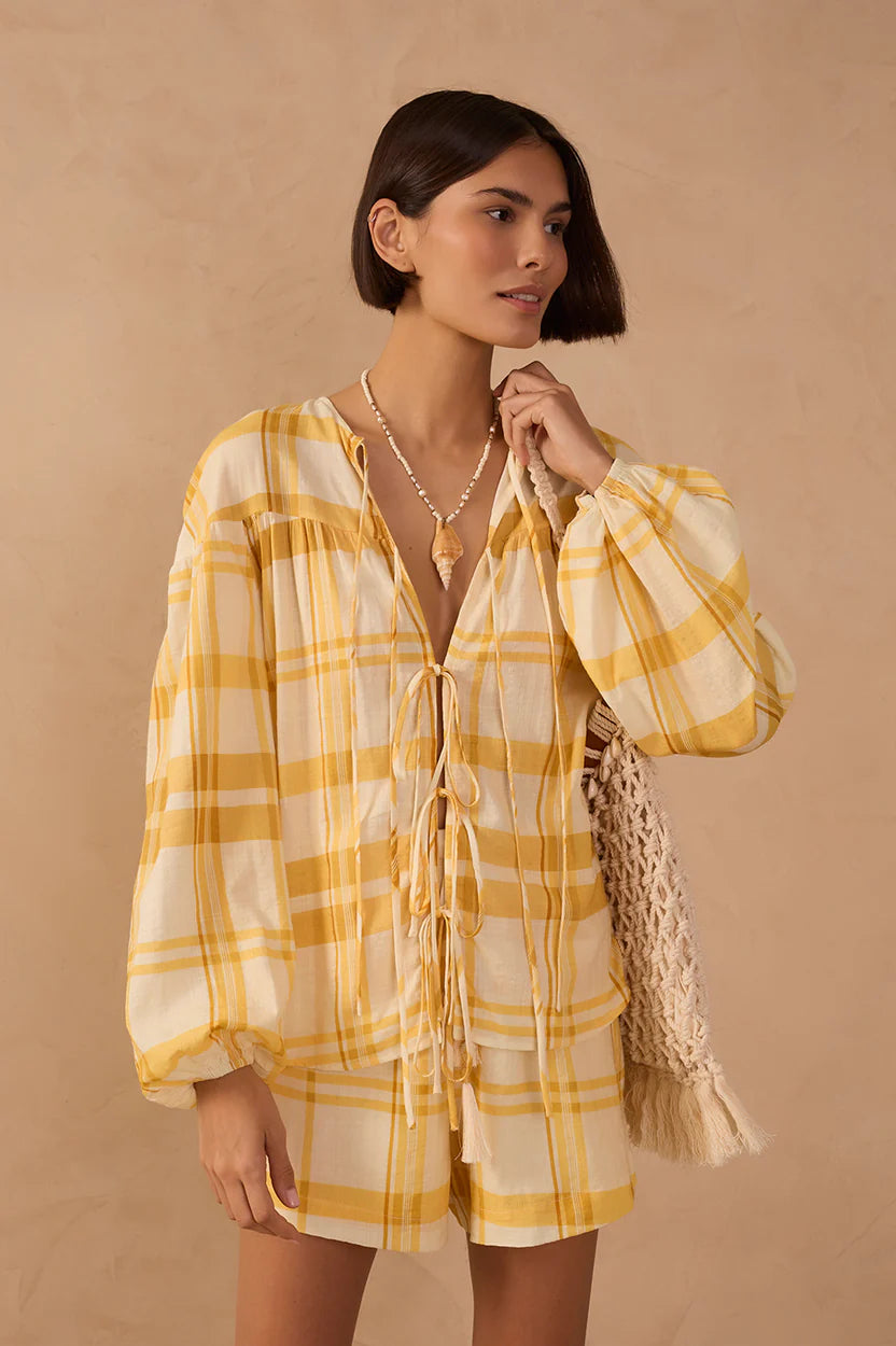 Plaid Puff Sleeves Tie-Front Blouse
