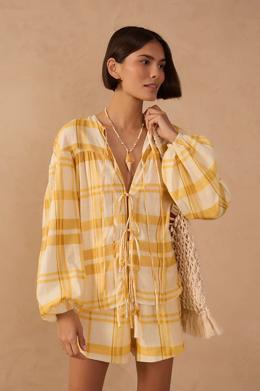 Plaid Puff Sleeves Tie-Front Blouse