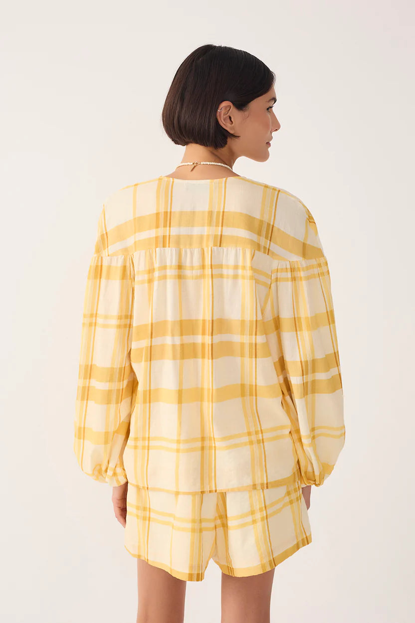 Plaid Puff Sleeves Tie-Front Blouse