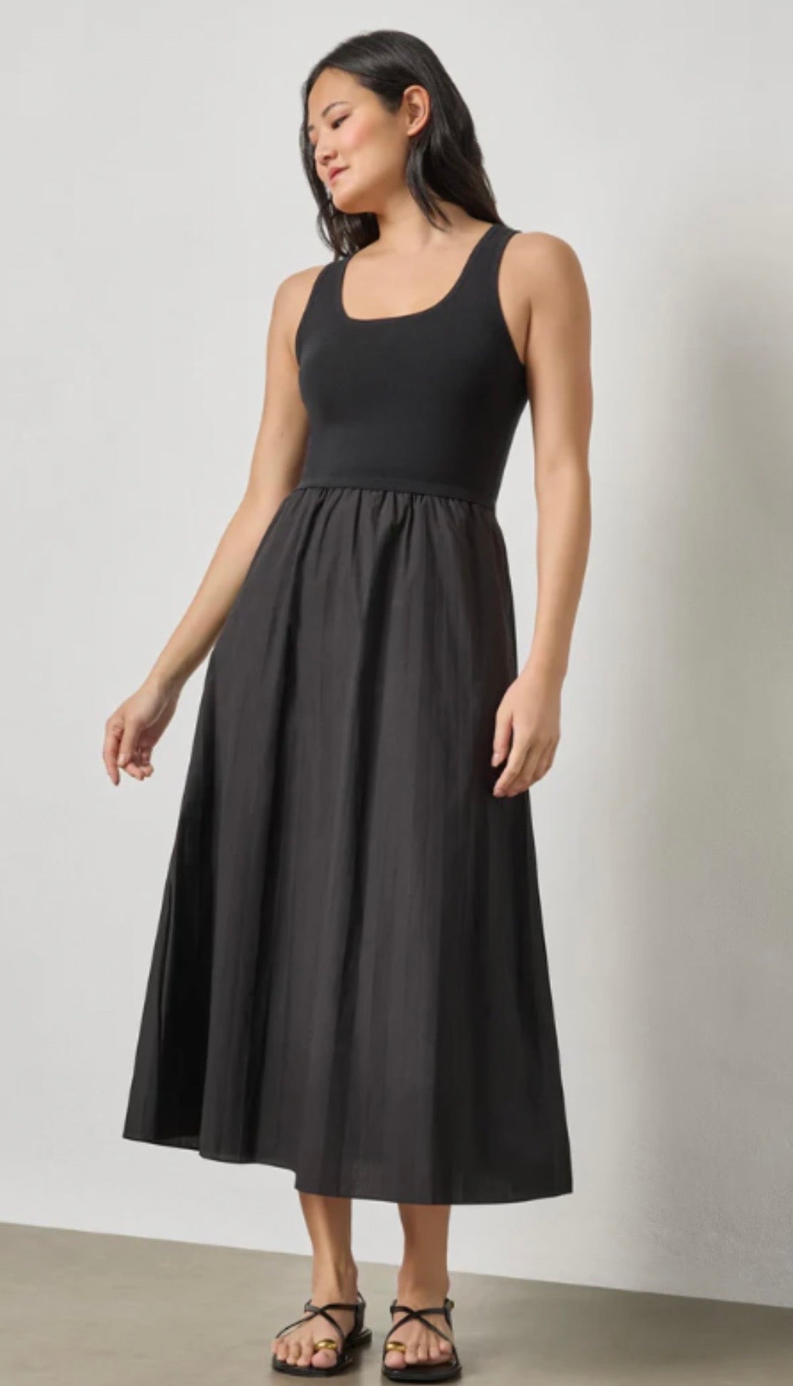 Mixed Media Scoop Neck Black Dress