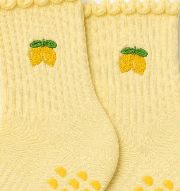 Yellow Lemon Embroidered Scalloped Pilates Grip Socks: One Size