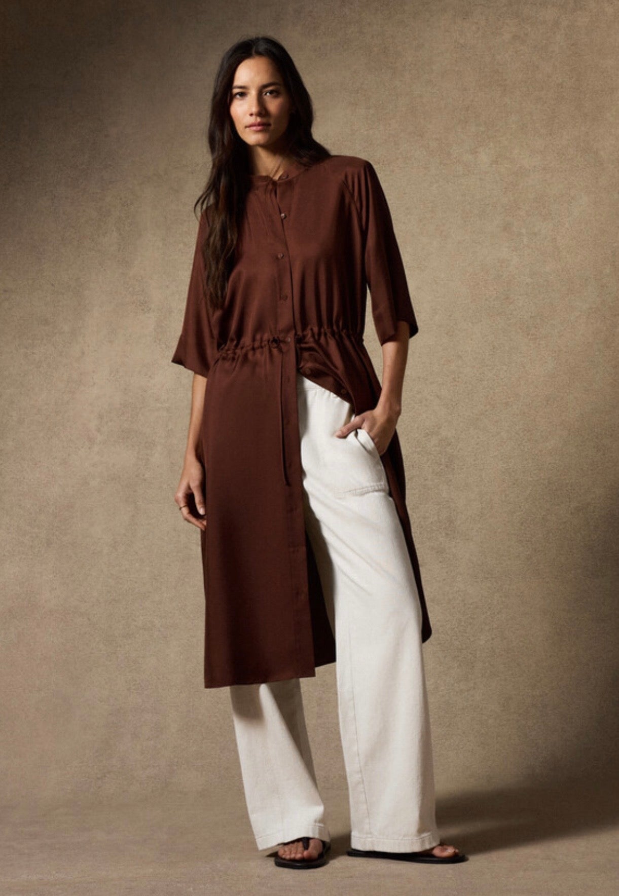 Silk Twill Band Collar Shirtdress Truffle