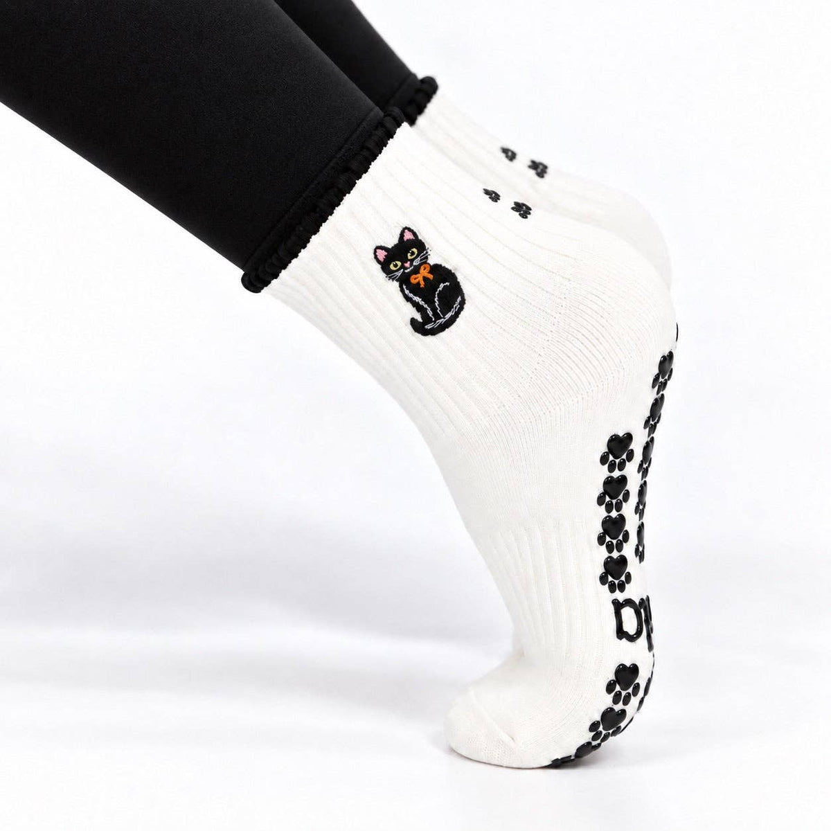 Black Cat Embroidered Non-Slip Pilates Grip Socks
