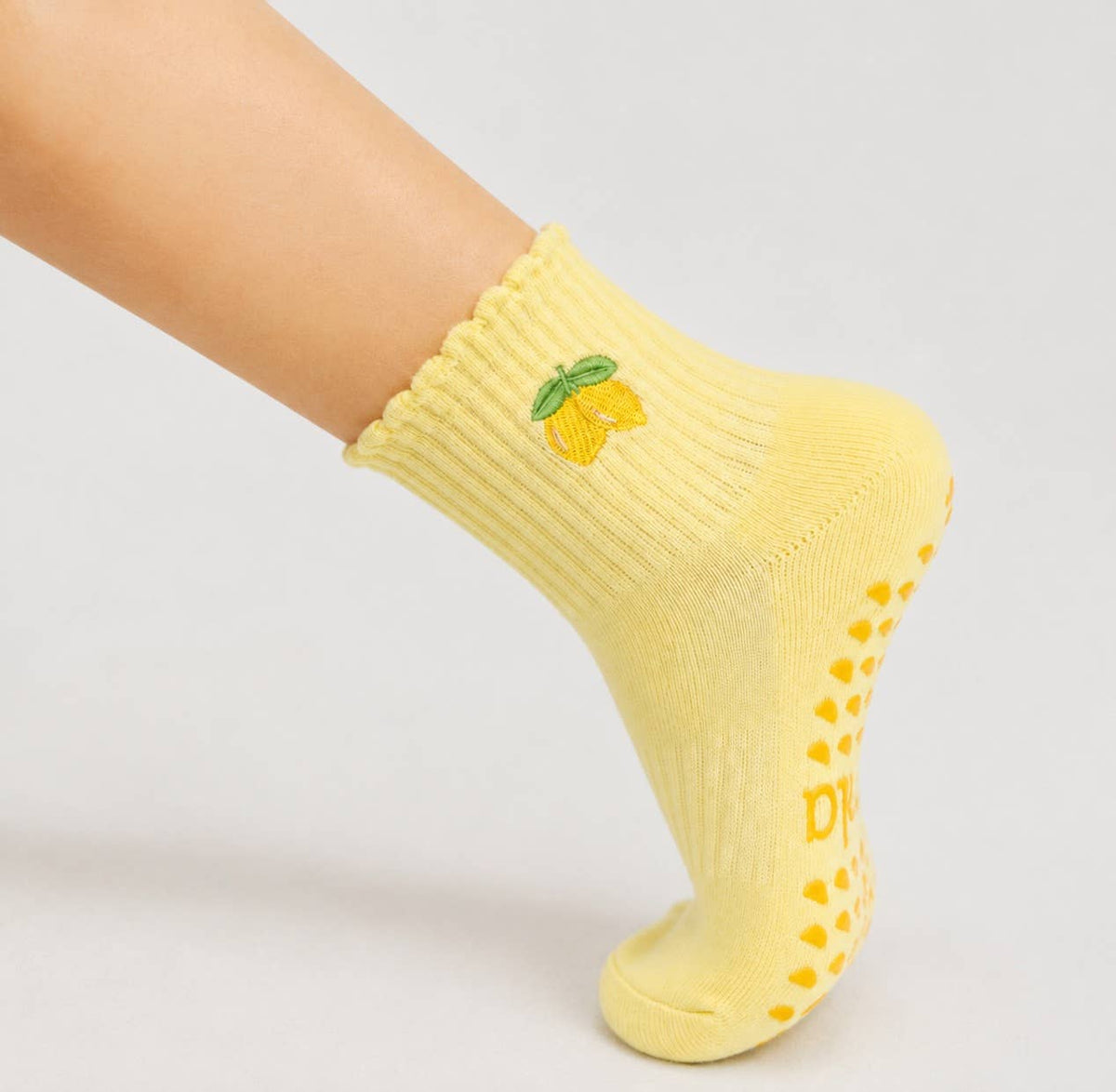 Yellow Lemon Embroidered Scalloped Pilates Grip Socks: One Size