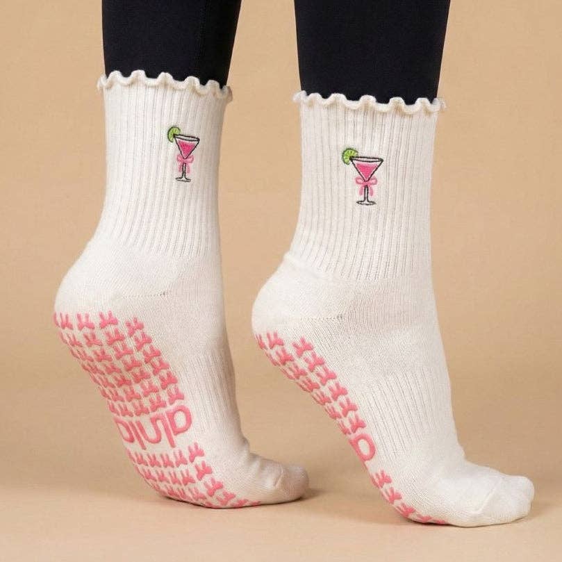 Cosmopolitan Embroidered Pilates Socks Pink Bow Grips