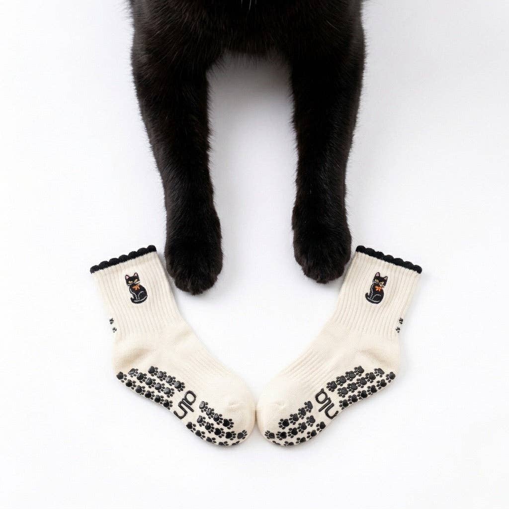 Black Cat Embroidered Non-Slip Pilates Grip Socks