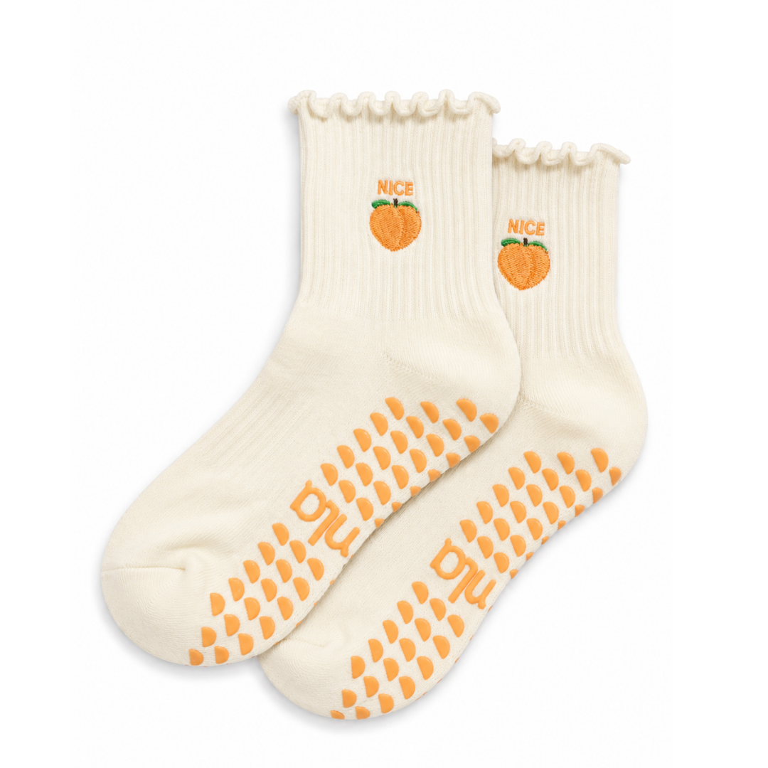 Nice Peach Fruit on Cream Ruffle Pilates Grip Sock
