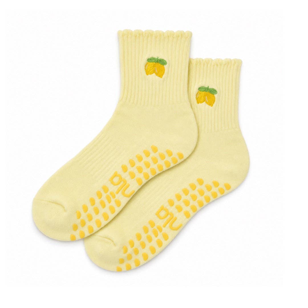 Yellow Lemon Embroidered Scalloped Pilates Grip Socks: One Size