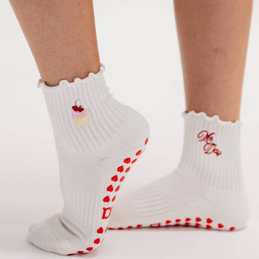 Birthday Cupcake Embroidered Cream Ruffle Pilates Grip Sock