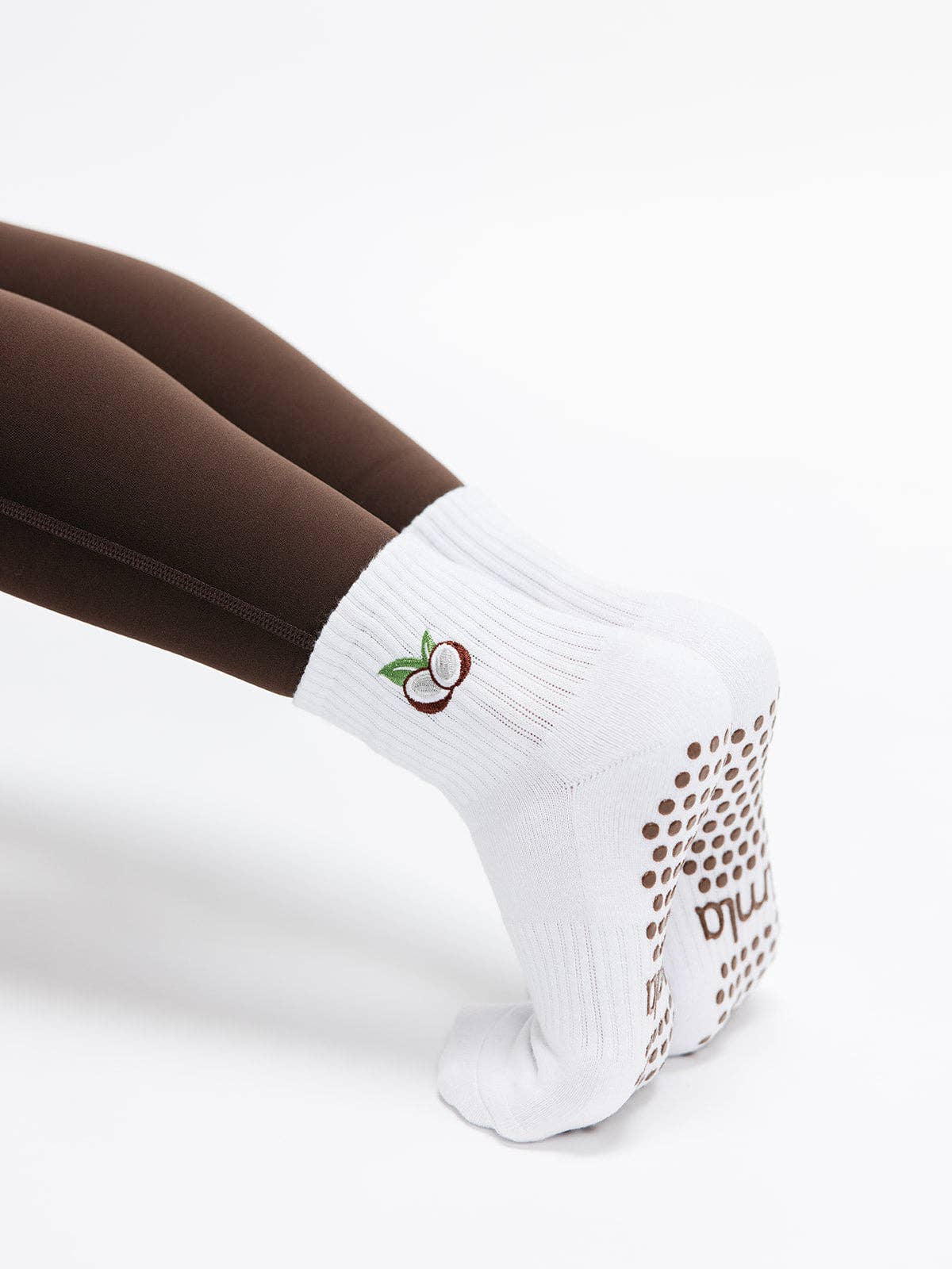 Coconut Embroidered Summer Pilates Grip Sock Brown Details