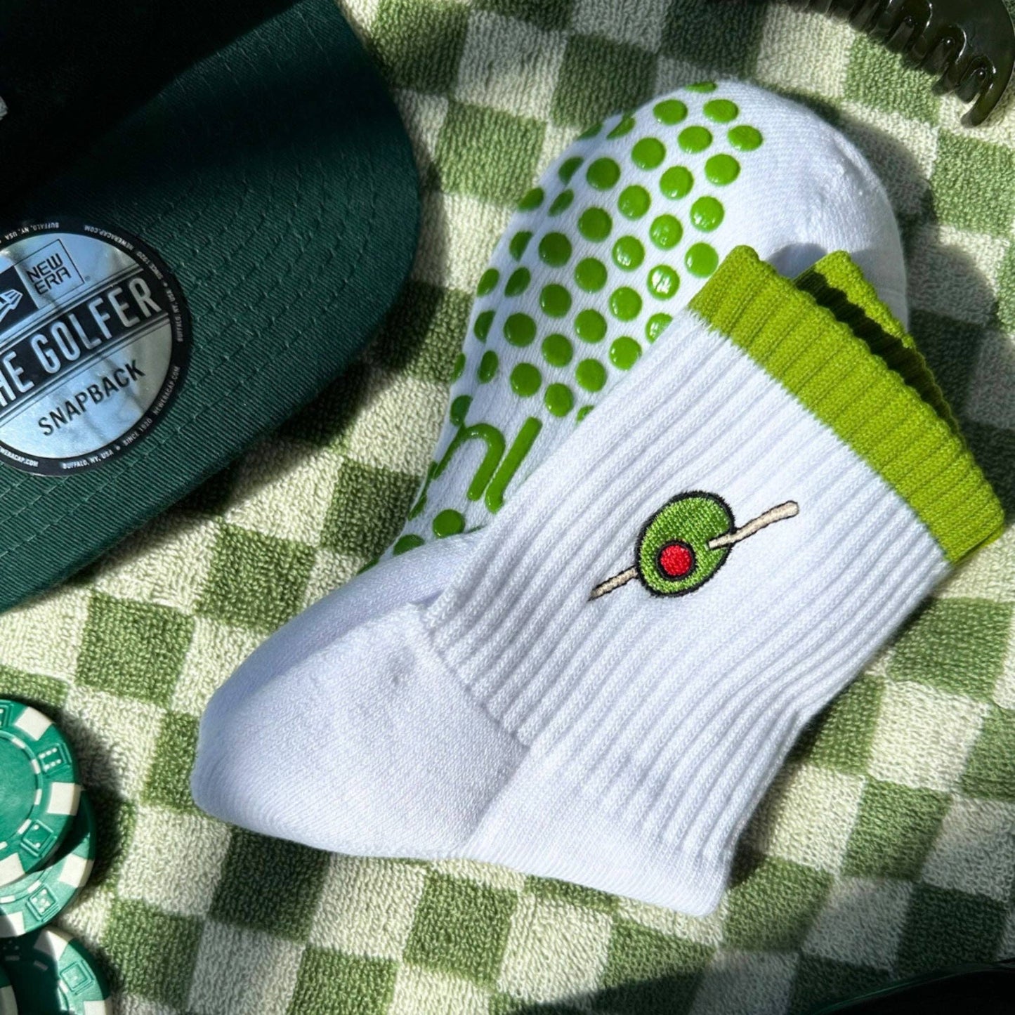 Olive Embroidered Green Striped Pilates Grip Socks Martini