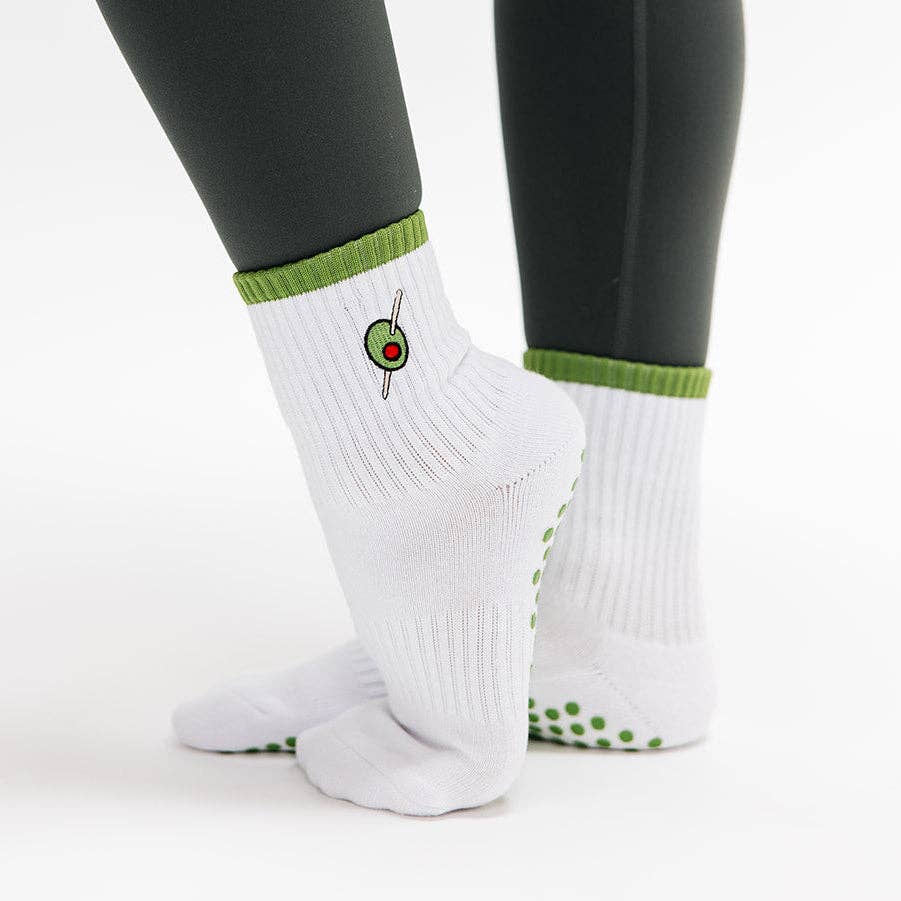 Olive Embroidered Green Striped Pilates Grip Socks Martini