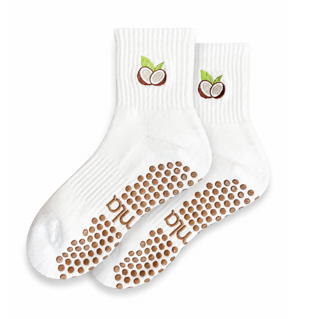 Coconut Embroidered Summer Pilates Grip Sock Brown Details