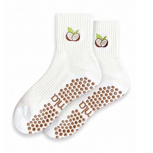 Coconut Embroidered Summer Pilates Grip Sock Brown Details