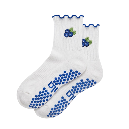 Blueberry on White Crew Blue Ruffle Pilates Grip Sock