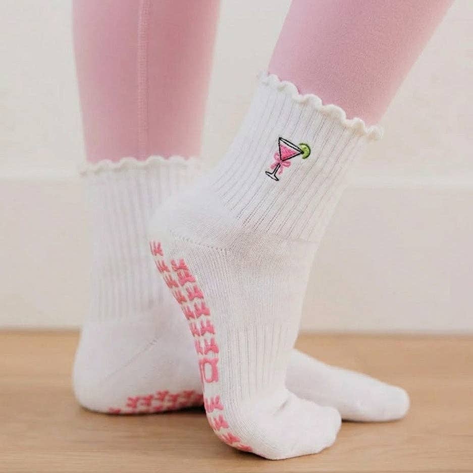 Cosmopolitan Embroidered Pilates Socks Pink Bow Grips