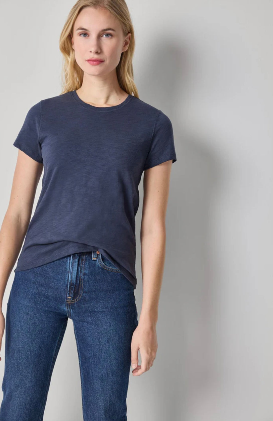 Navy Short Sleeve Back Seam Crewneck