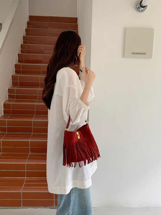 P25085 Suede-Like Microfiber Leather Crossbody Bucket Bag: 05 Red
