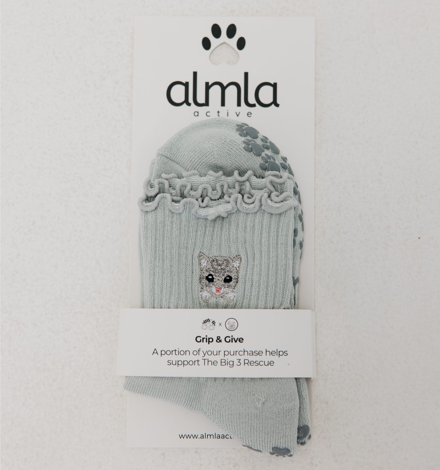 Cat Embroidered Pilates Grip Socks Gray Paw Grips