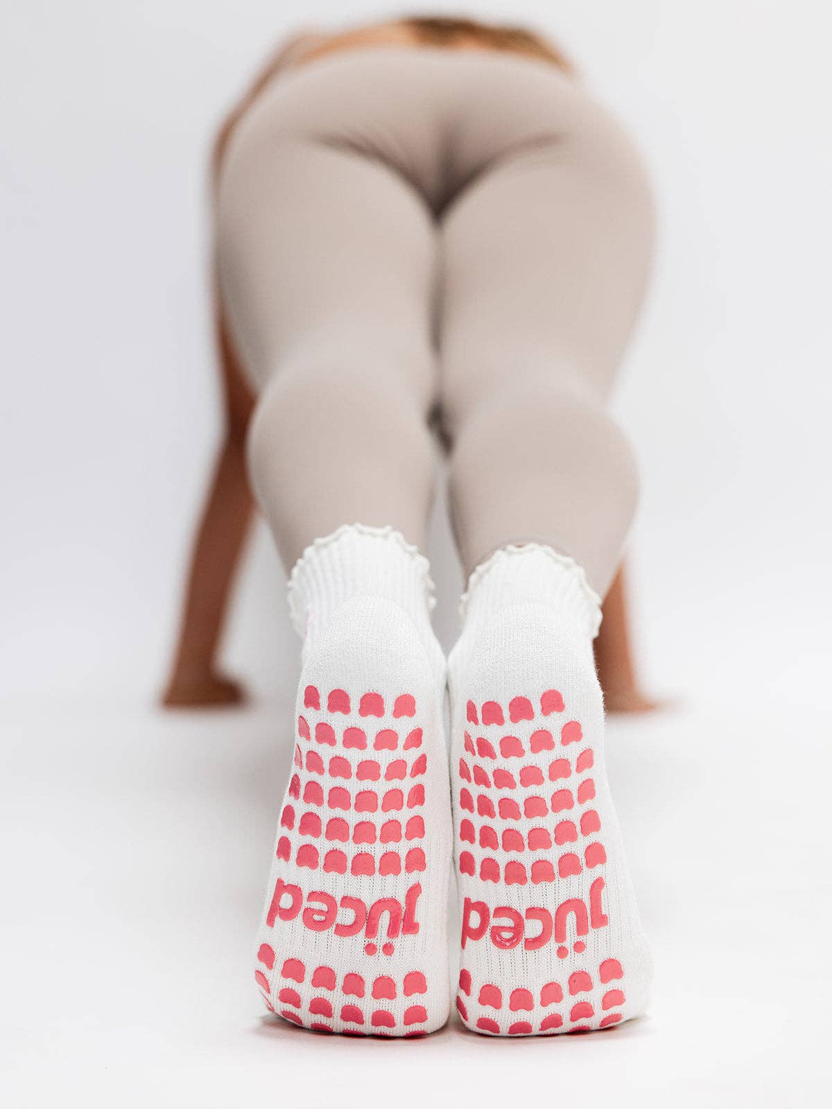 Pink Gummy Bear on Ruffled Cream Pilates Grip Sock