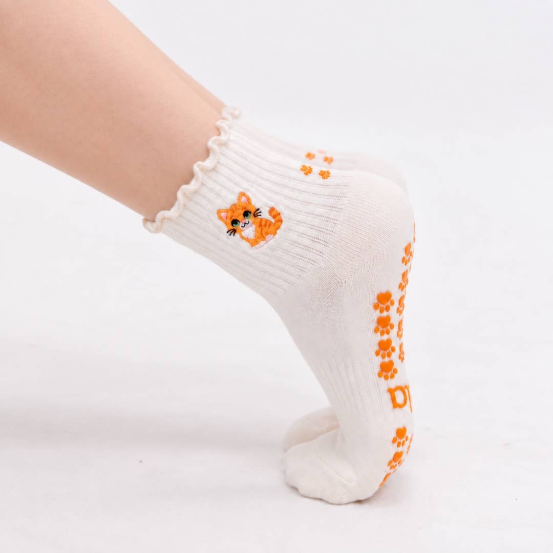 The Orange Cat Embroidered Pilates Grip Sock
