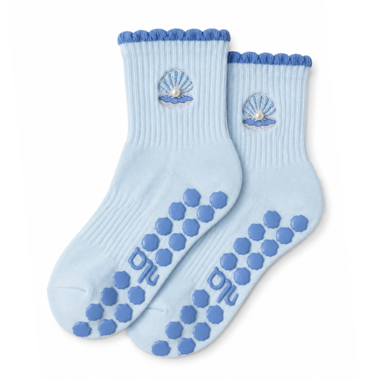 Oyster Pearl Blue Embroidered Summer Pilates Grip Socks