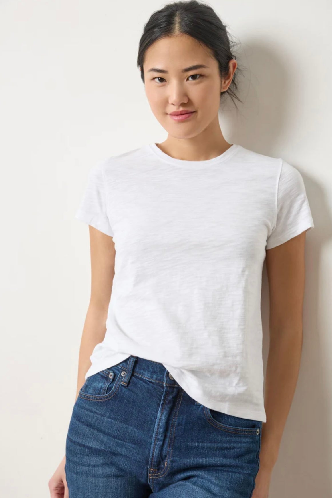 White Short Sleeve Back Seam Crewneck