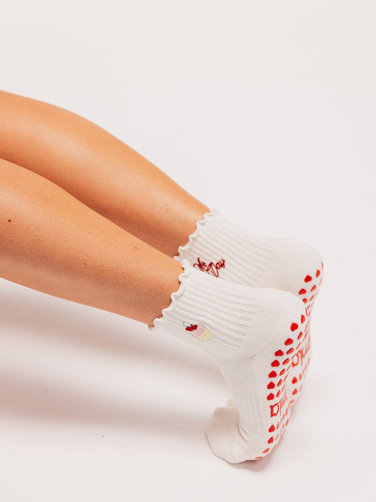 Birthday Cupcake Embroidered Cream Ruffle Pilates Grip Sock
