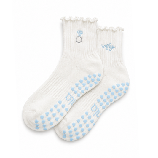 Diamond Ring Wifey Embroidery Cream Bridal Pilates Grip Sock