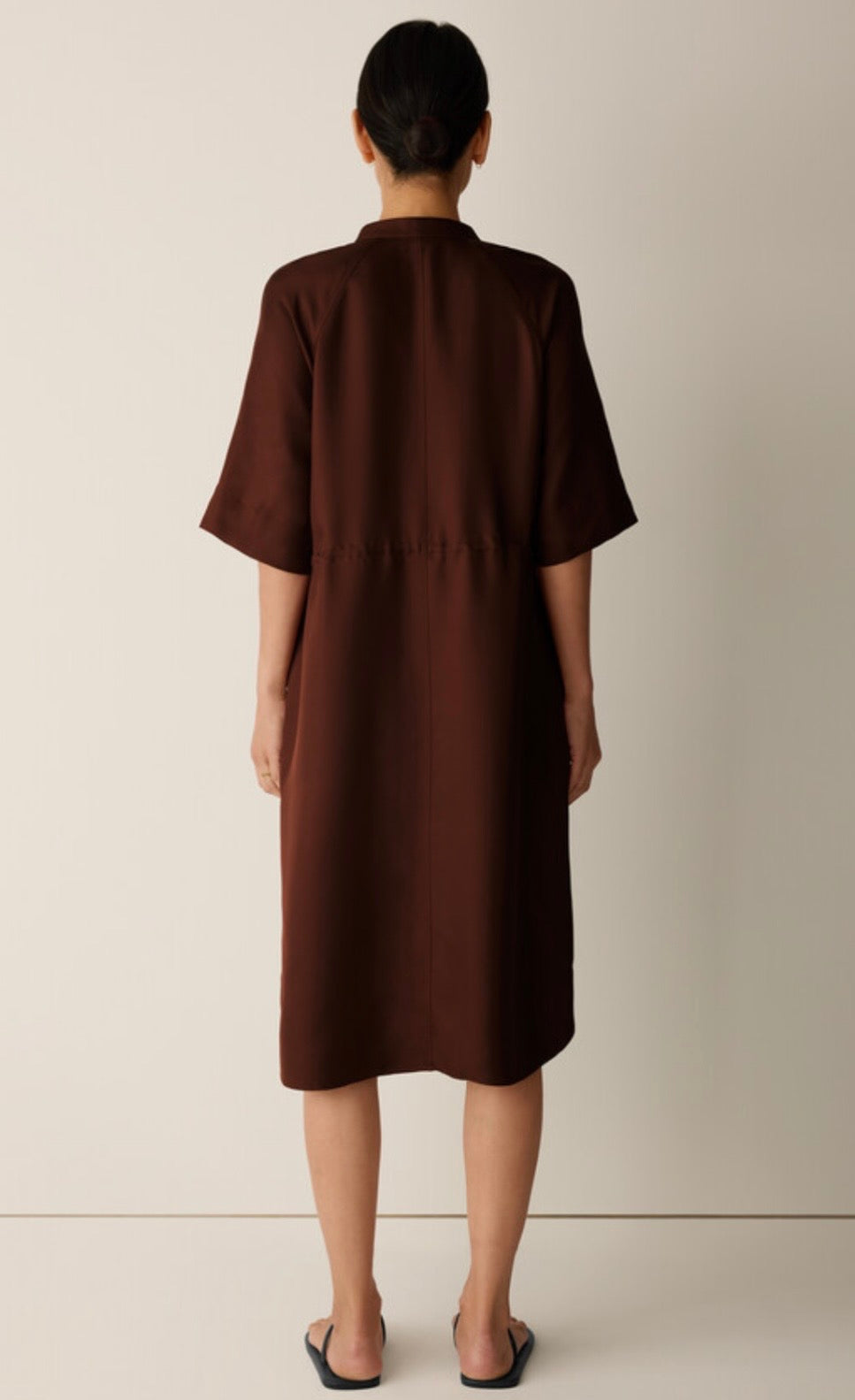 Silk Twill Band Collar Shirtdress Truffle
