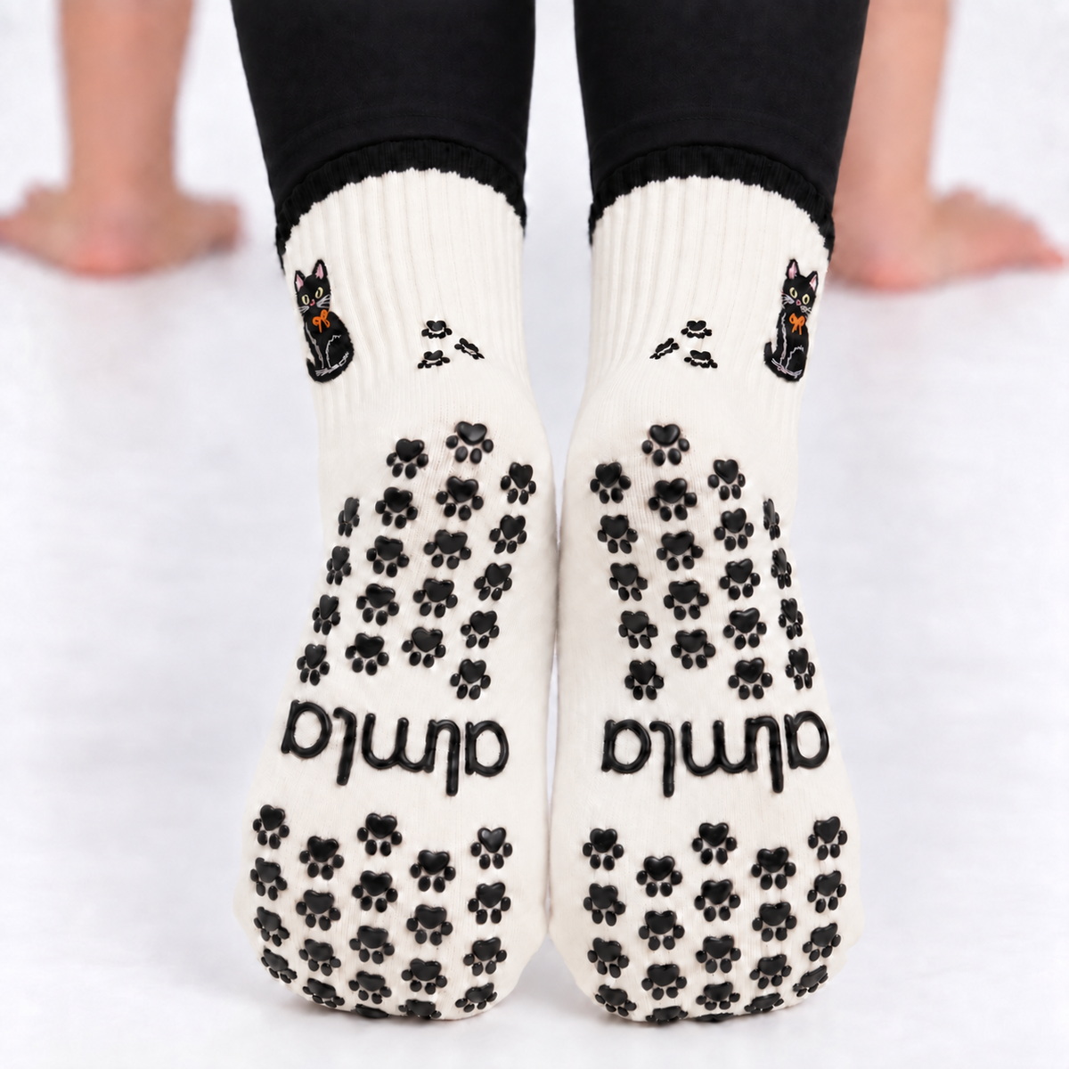 Black Cat Embroidered Non-Slip Pilates Grip Socks