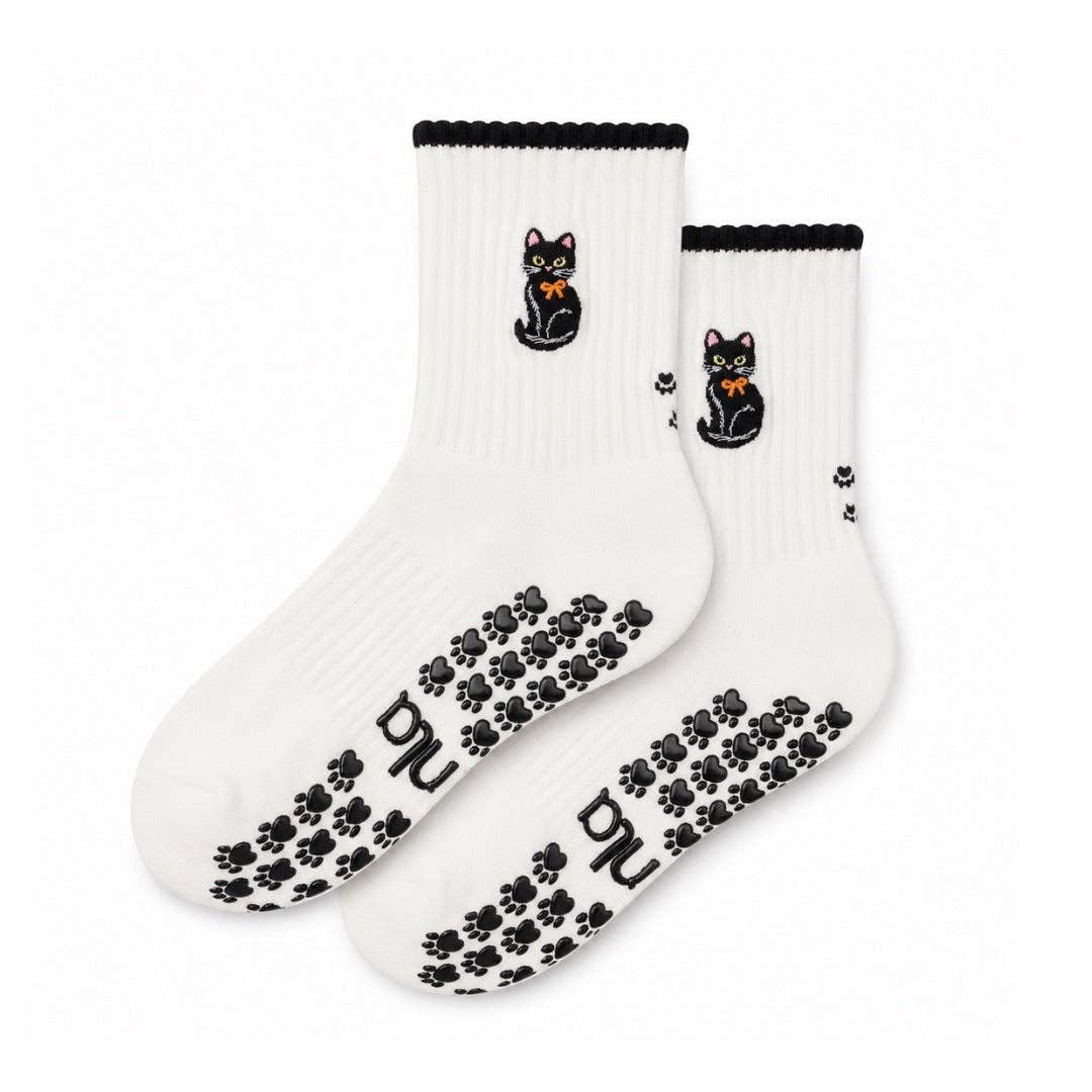 Black Cat Embroidered Non-Slip Pilates Grip Socks