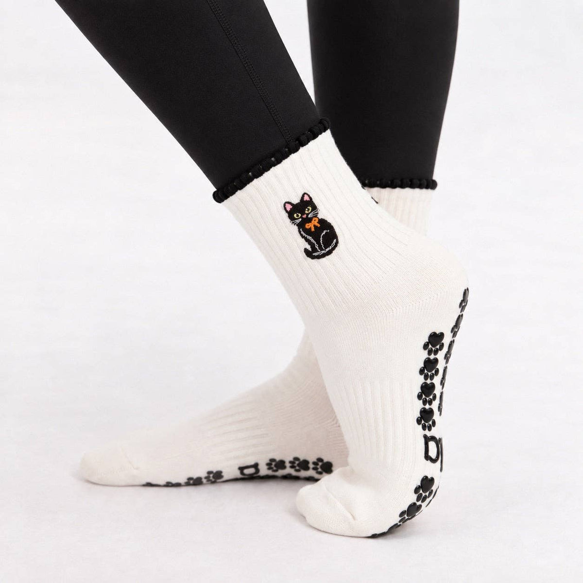 Black Cat Embroidered Non-Slip Pilates Grip Socks
