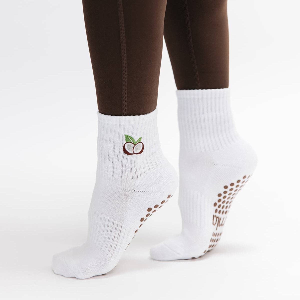 Coconut Embroidered Summer Pilates Grip Sock Brown Details