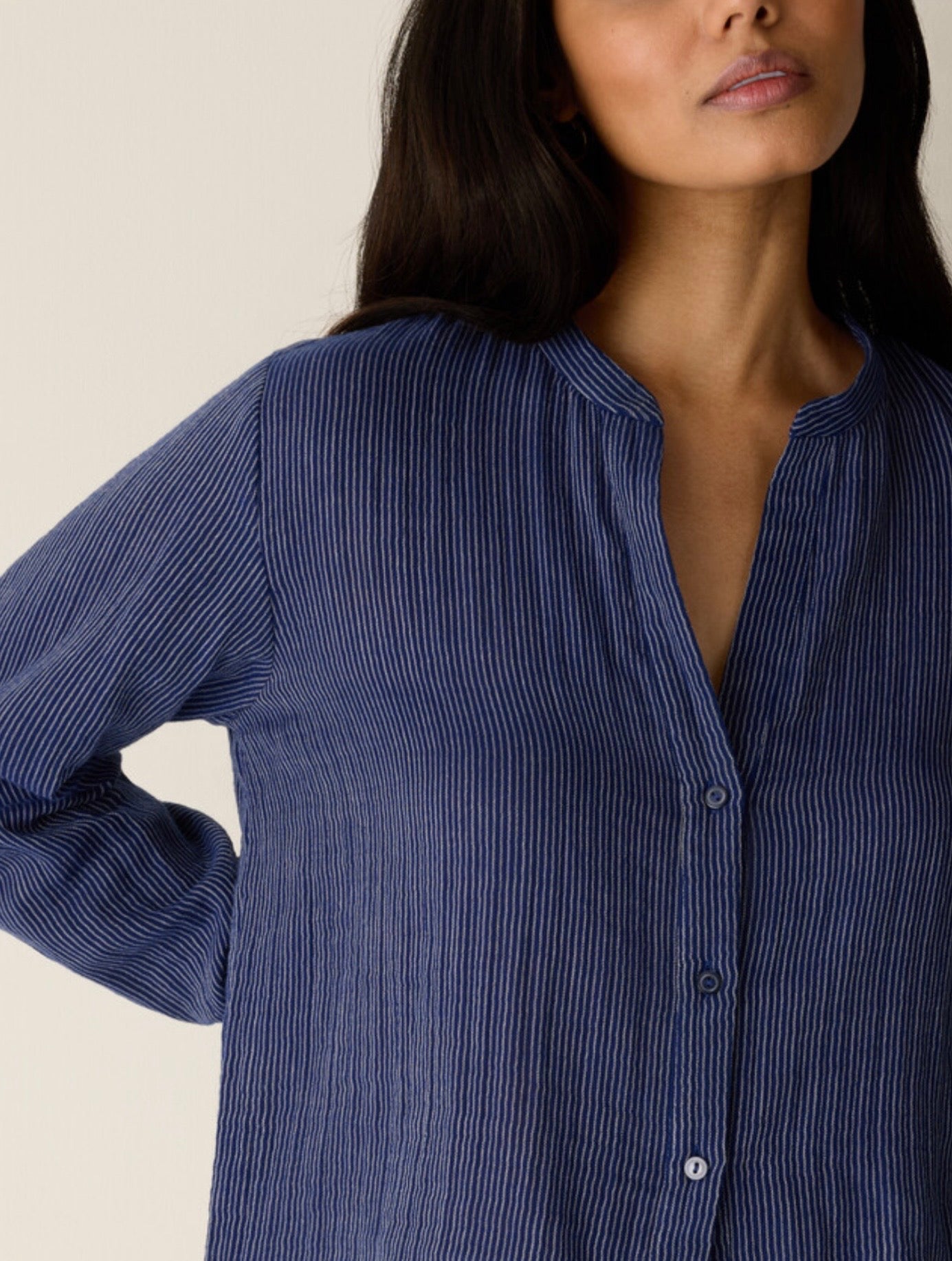 Striped Organic Cotton Gauze Band Collar Shirt