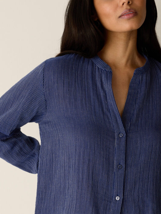 Striped Organic Cotton Gauze Band Collar Shirt