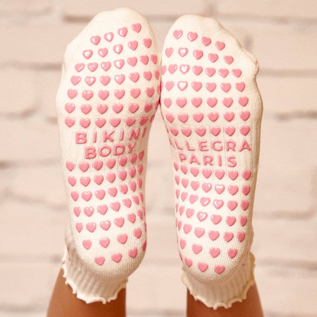 Pink Bikini on Ruffle Cream Pilates Grip Sock Heart Grips