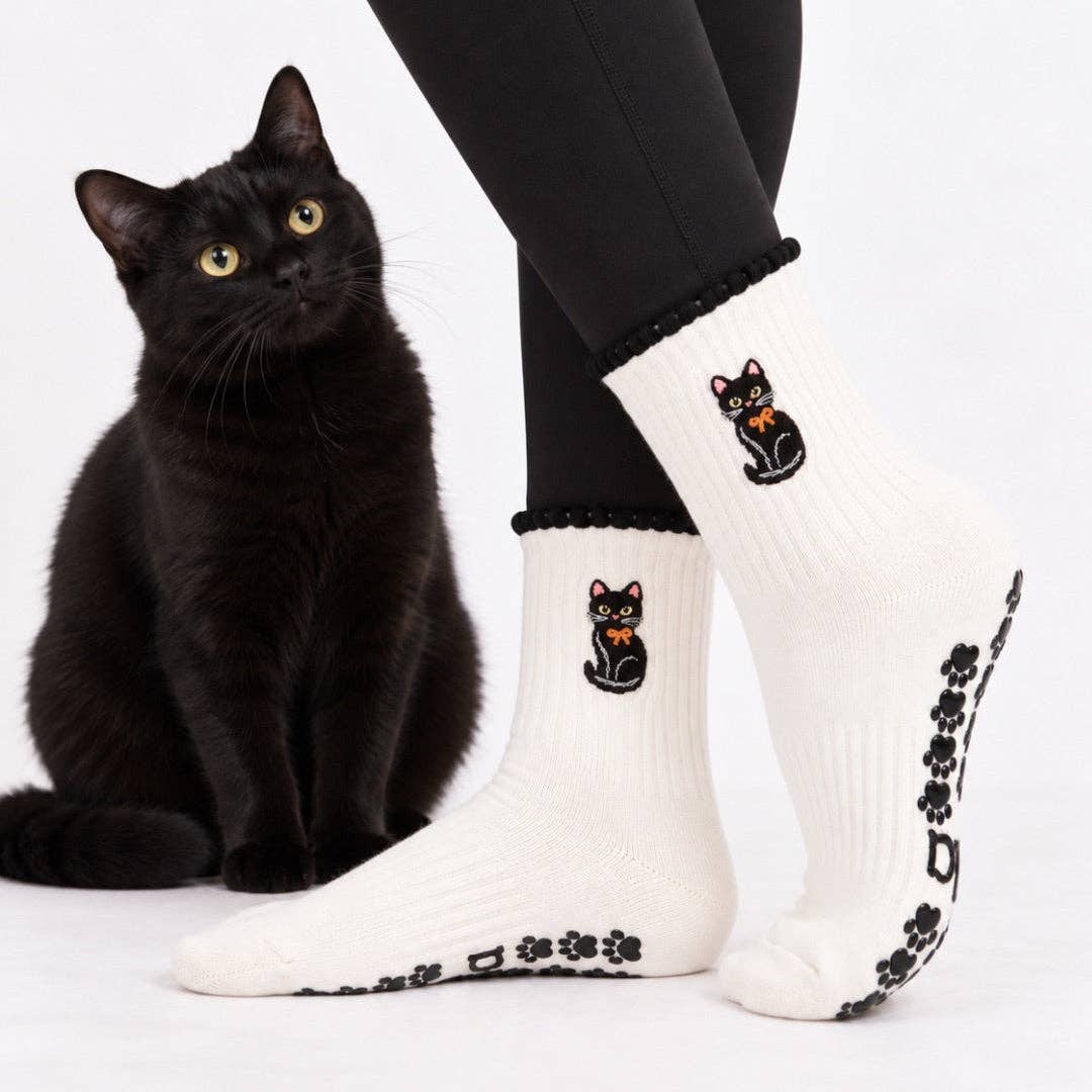 Black Cat Embroidered Non-Slip Pilates Grip Socks