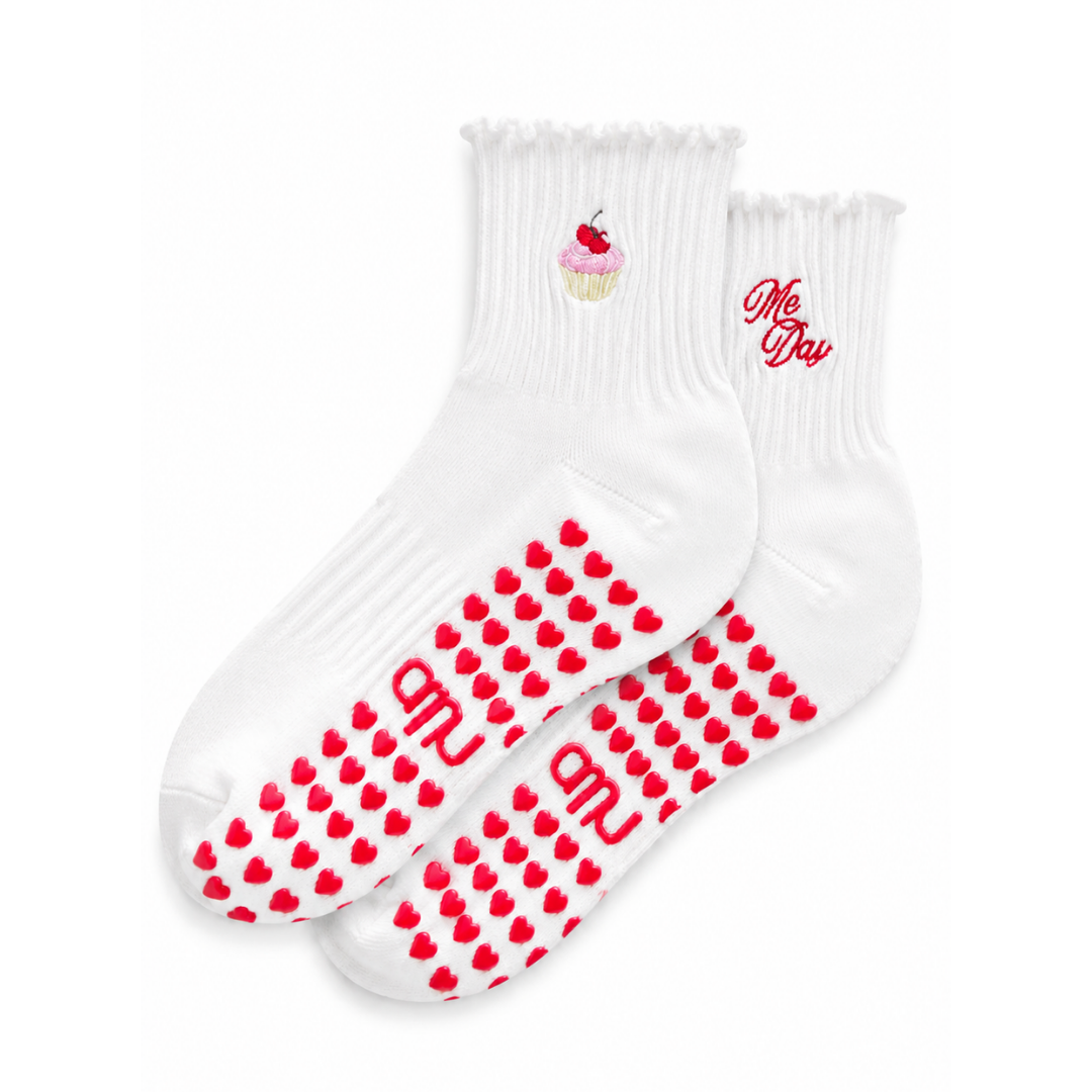 Birthday Cupcake Embroidered Cream Ruffle Pilates Grip Sock