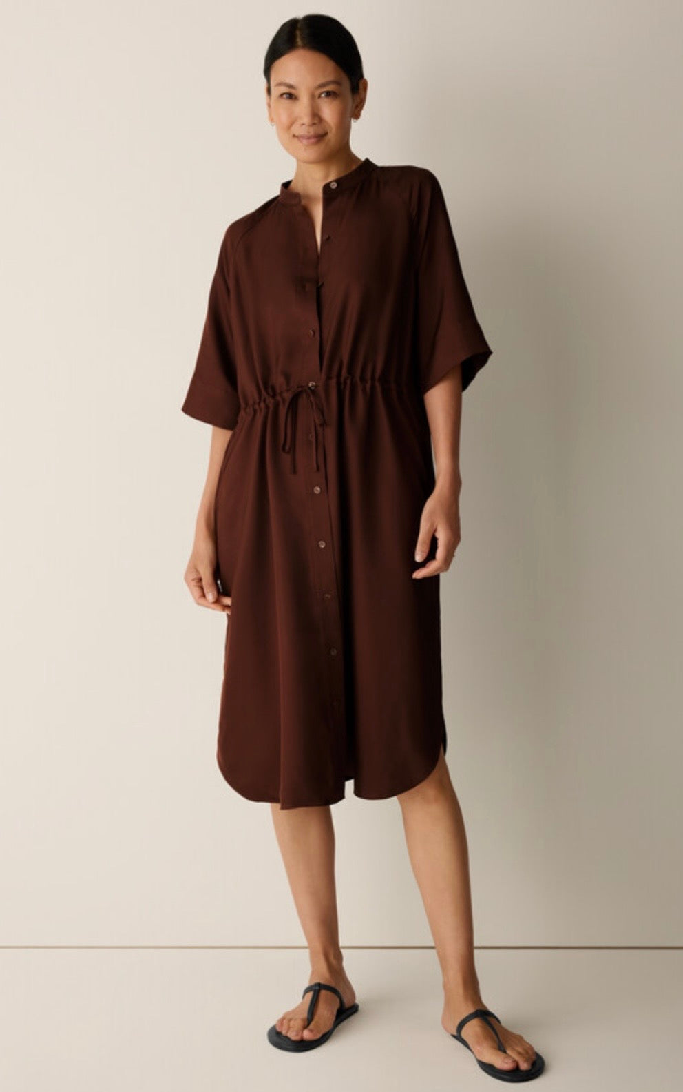 Silk Twill Band Collar Shirtdress Truffle