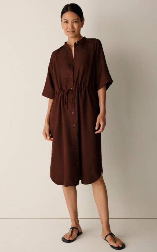 Silk Twill Band Collar Shirtdress Truffle