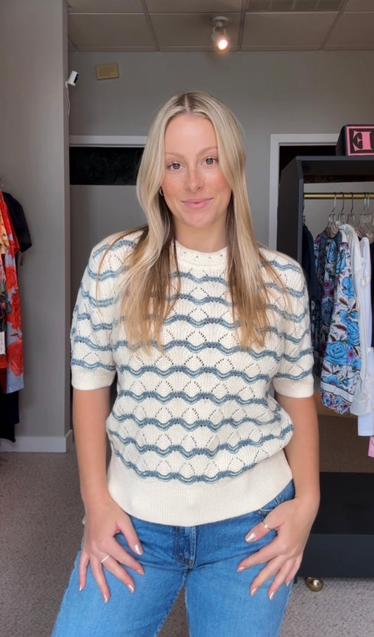 Short Sleeve Multistitch Pullover Sweater Winter White Stripe