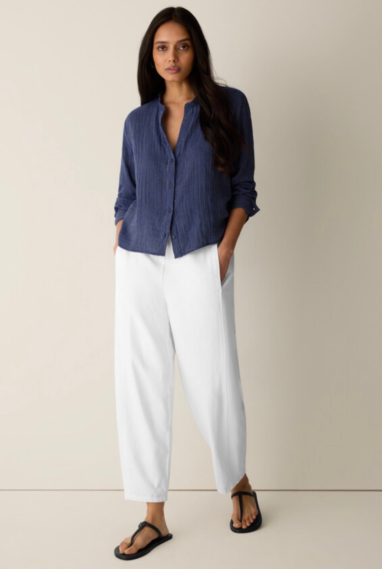 Striped Organic Cotton Gauze Band Collar Shirt